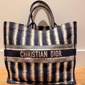 Christian Dior Canvas Embroidered Large Striped Book Tote Navy